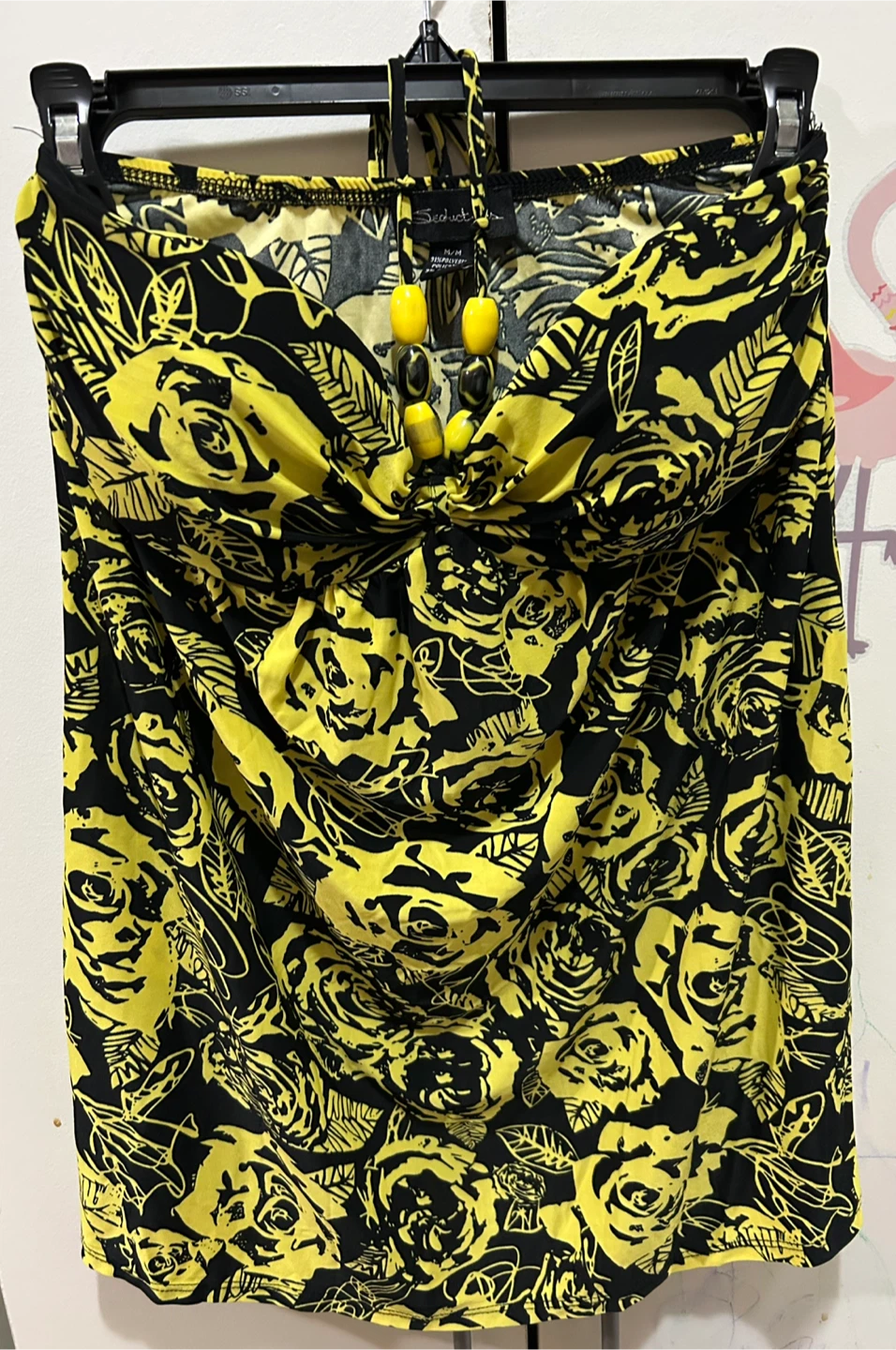 Seduction M/M Yellow Black Rose Print Strapless Top with Beads