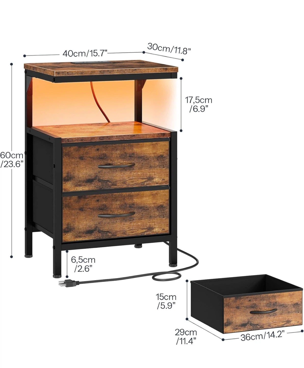 Rustic Wood Nightstand with 2 Drawers and Built-in USB Ports - photo 2