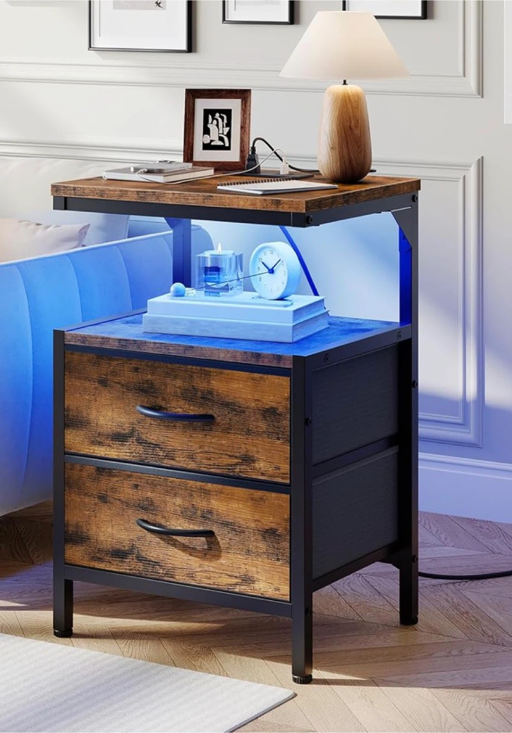 Rustic Wood Nightstand with 2 Drawers and Built-in USB Ports