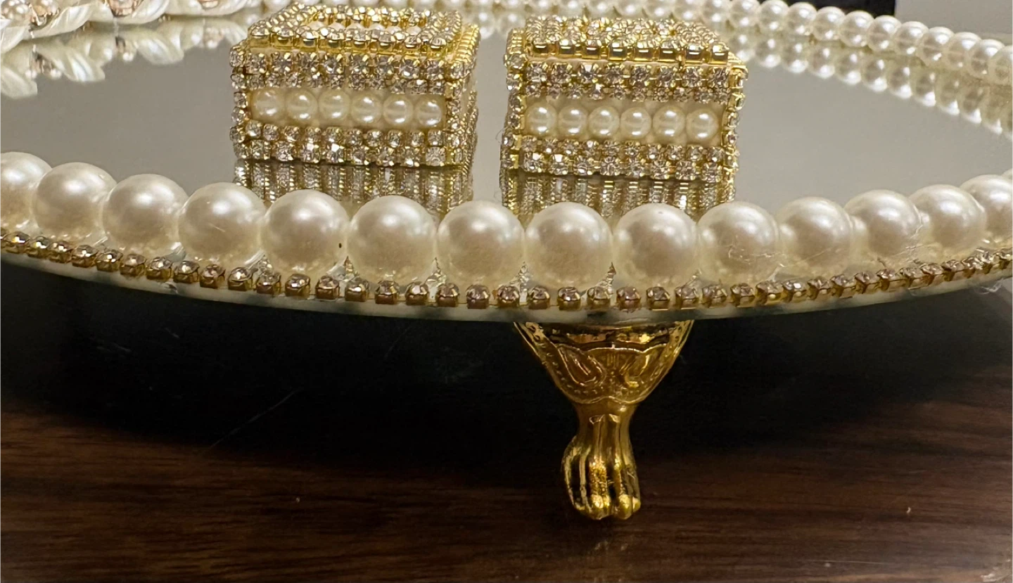 Round Mirror Tray with Faux Pearls, rhinestone & white floral - photo 2