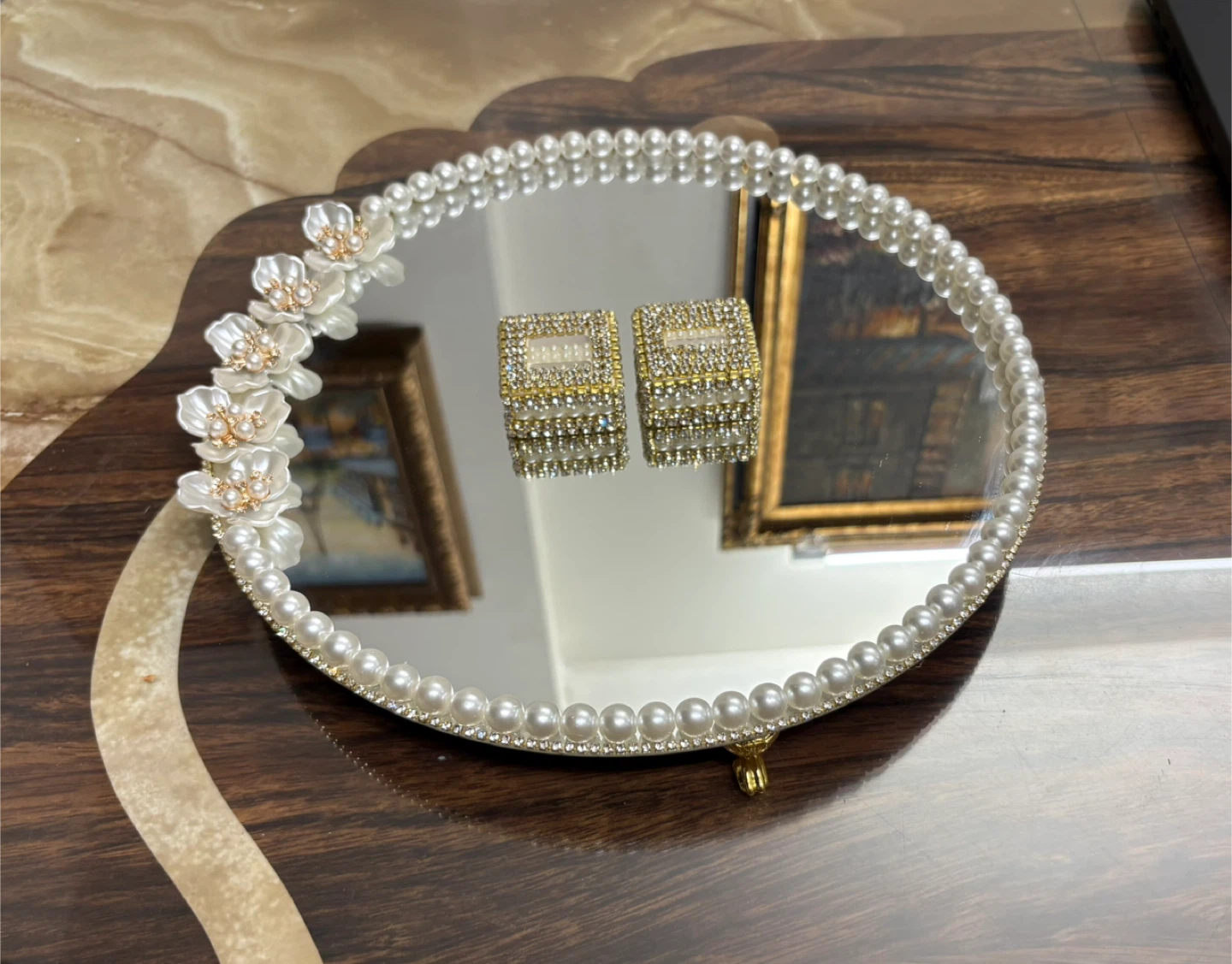 Round Mirror Tray with Faux Pearls, rhinestone & white floral