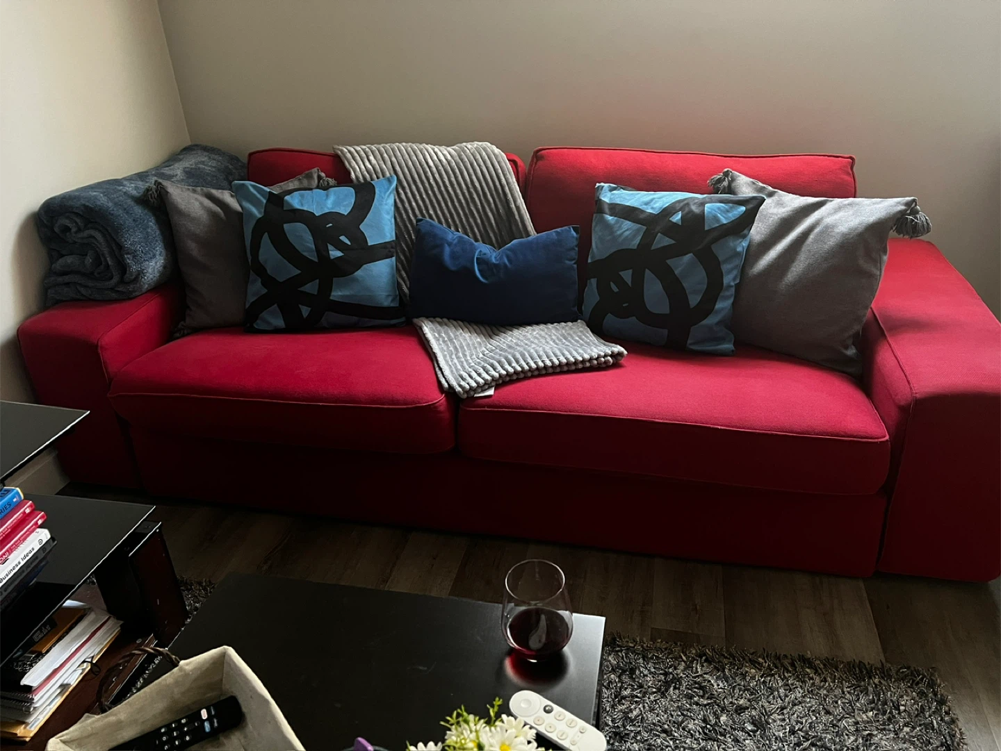 Red Sofa with Decorative Pillows