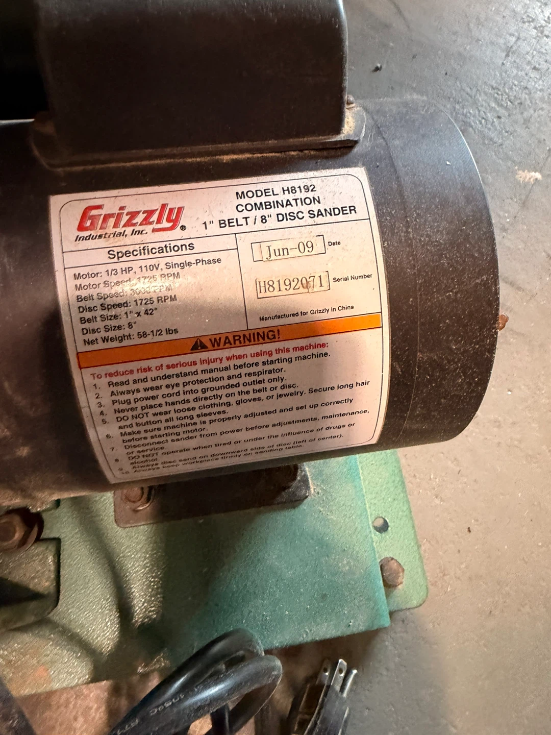 Grizzly Industrial H8192 Combination Belt and Disc Sander - photo 4