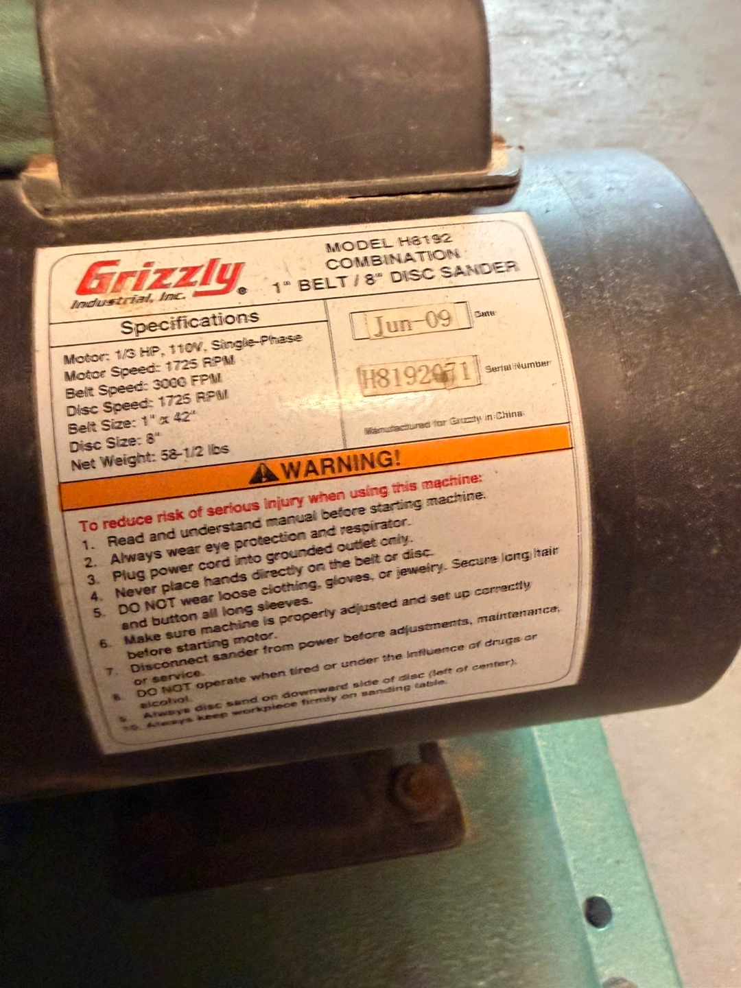 Grizzly Industrial H8192 Combination Belt and Disc Sander - photo 2