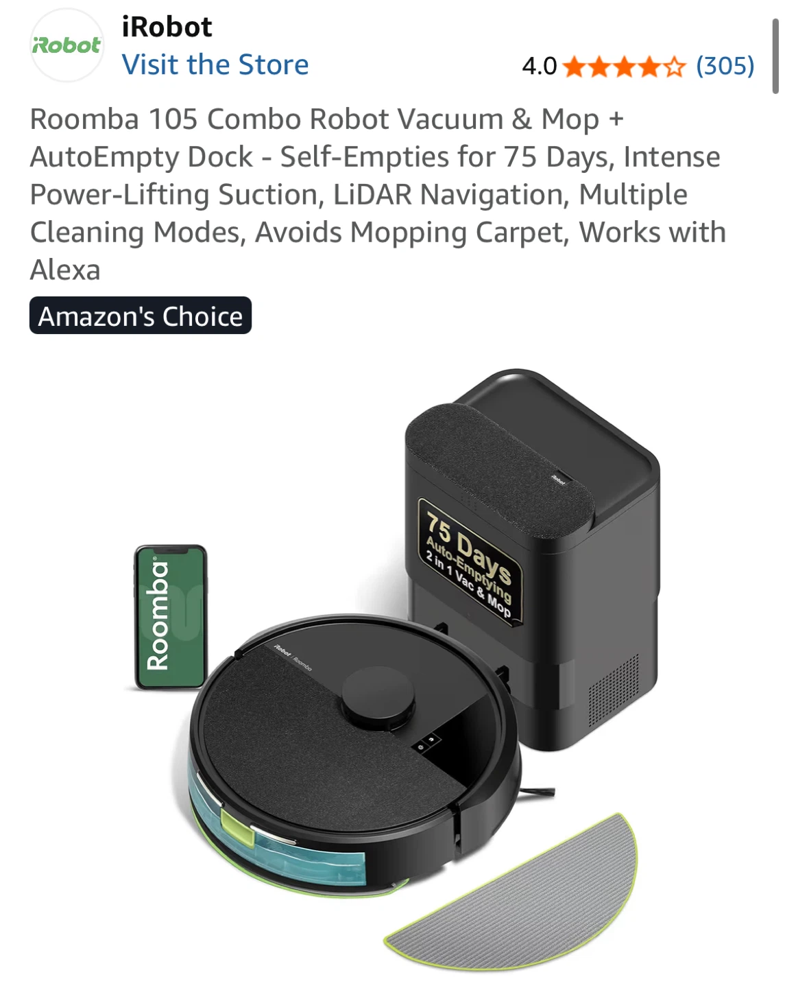 Roomba 105 Combo Robot Vacuum & Mop + AutoEmpty Dock