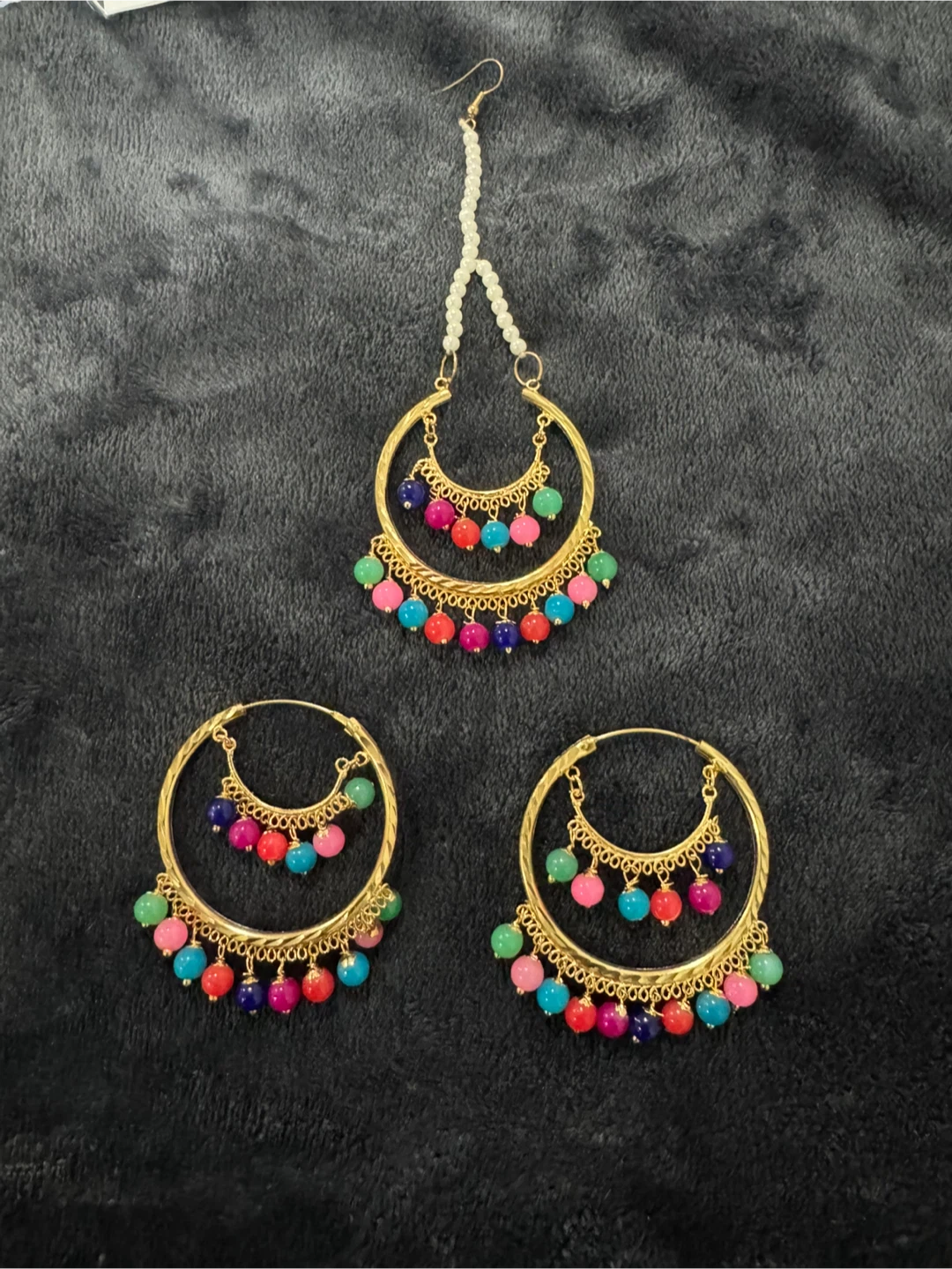 Gold-tone Multi-colour Beaded Hoop Earrings & Tikka Set