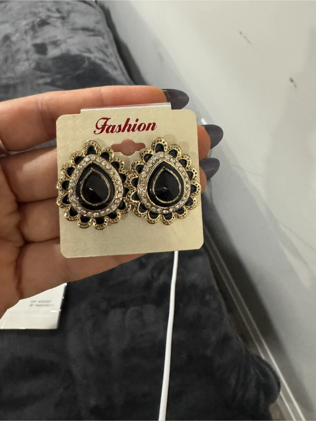 Earrings with Black and Rhinestone Details - photo 2