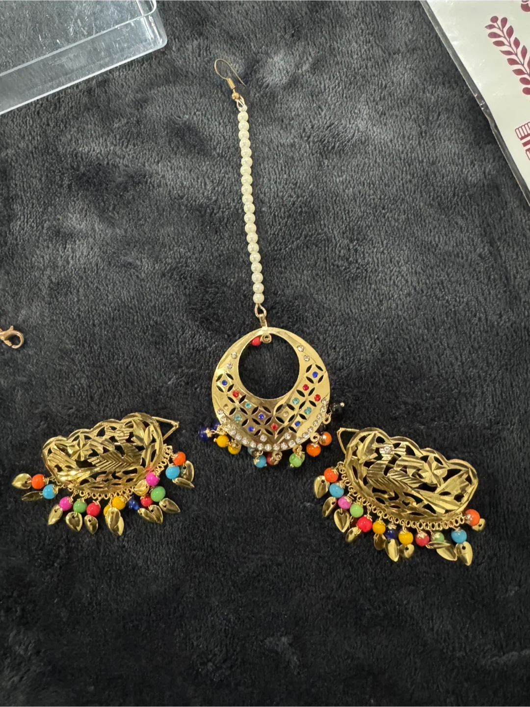 Gold-tone Tikka and Earrings Set with colourful beads