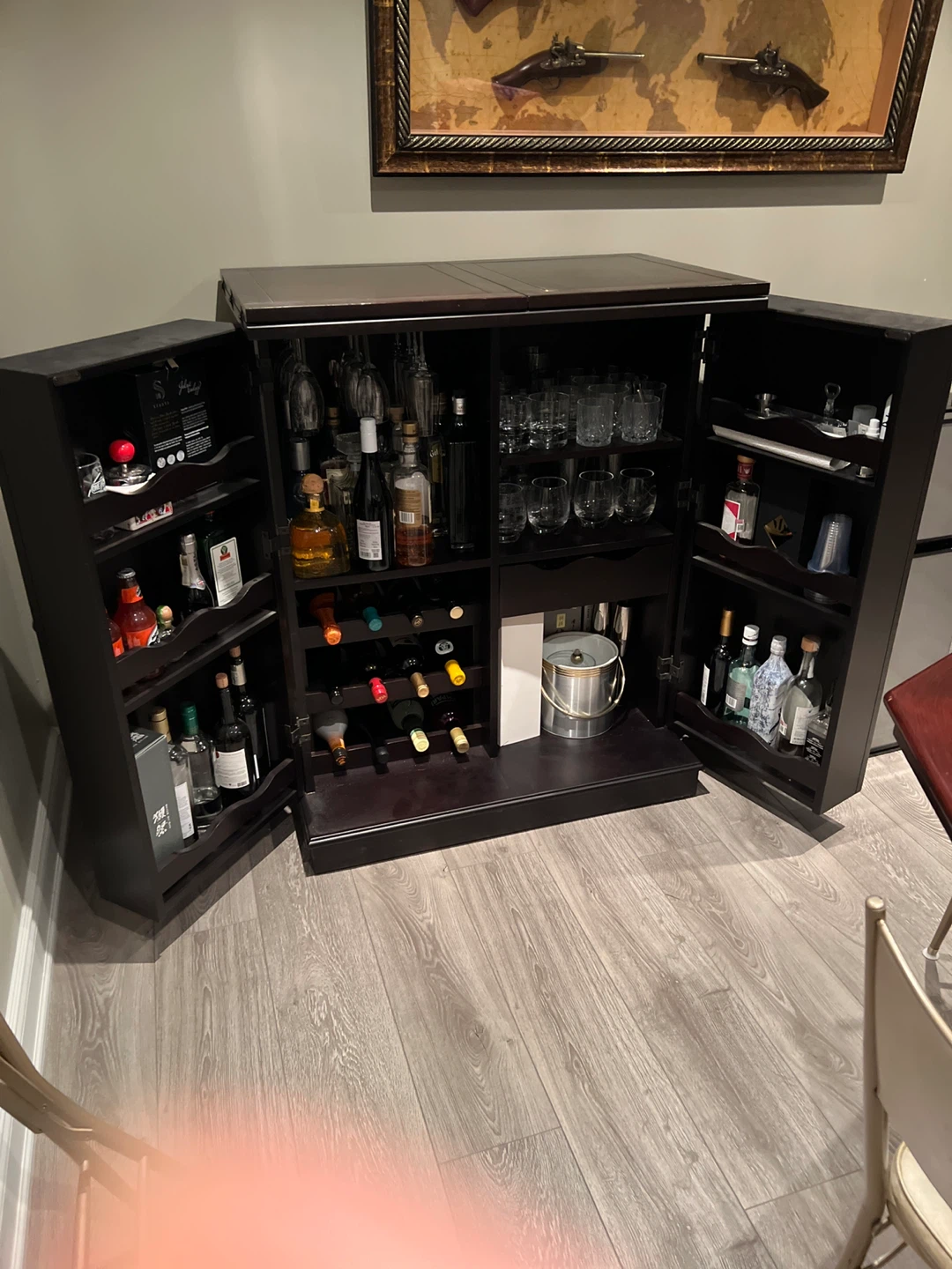 Dark Wood Bar Cabinet with Wine Racks and Glass Holders
