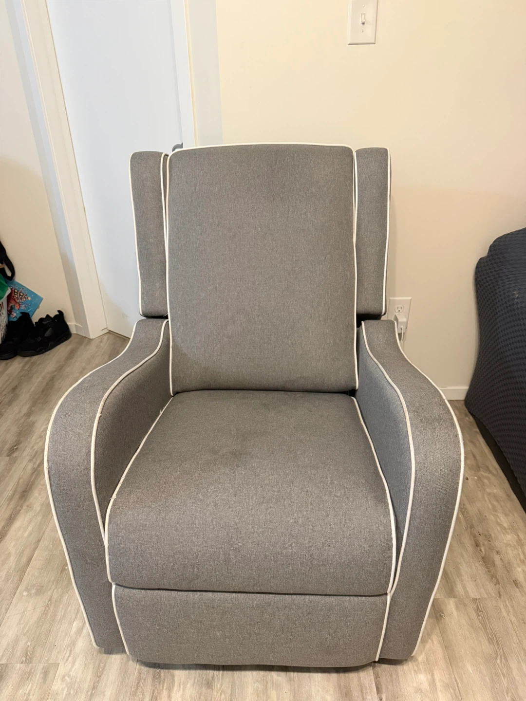 Grey Upholstered Glider Recliner Chair with White Piping
