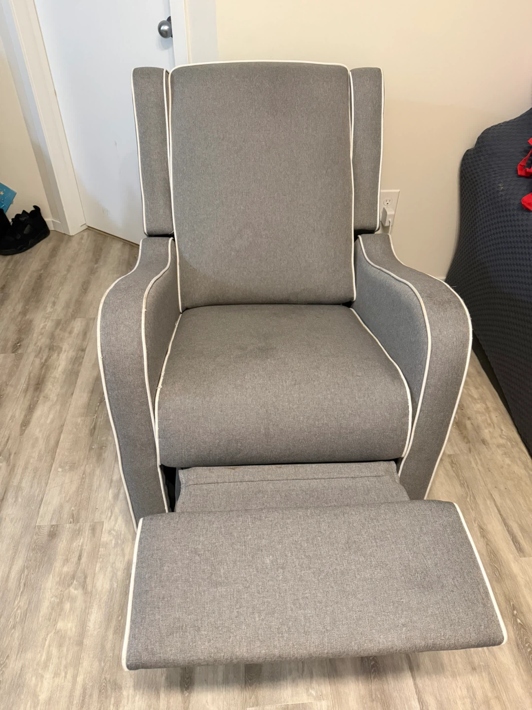 Grey Upholstered Glider Recliner Chair with White Piping - photo 3