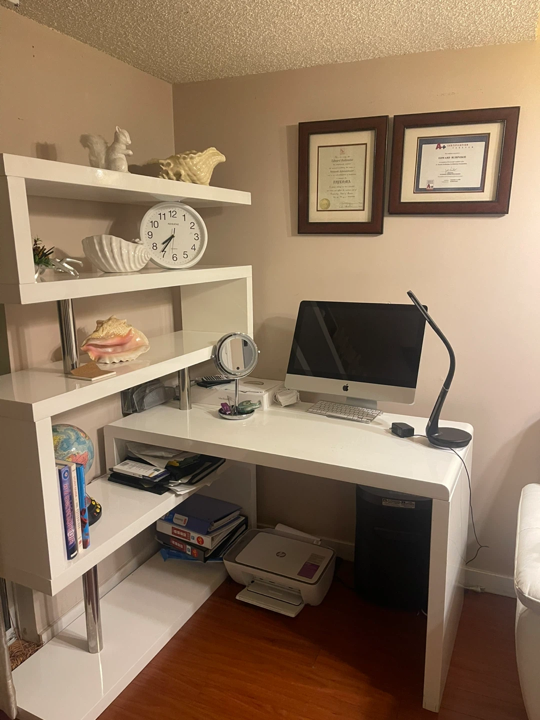 White L-Shaped Desk with Shelving Unit