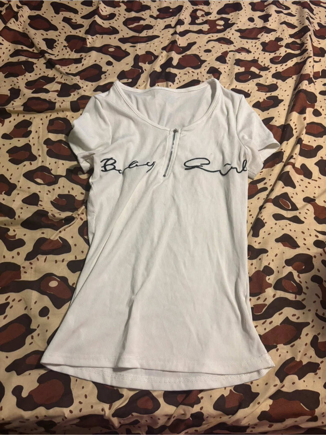 White Ribbed "Baby Girl" Zip Neck T-Shirt