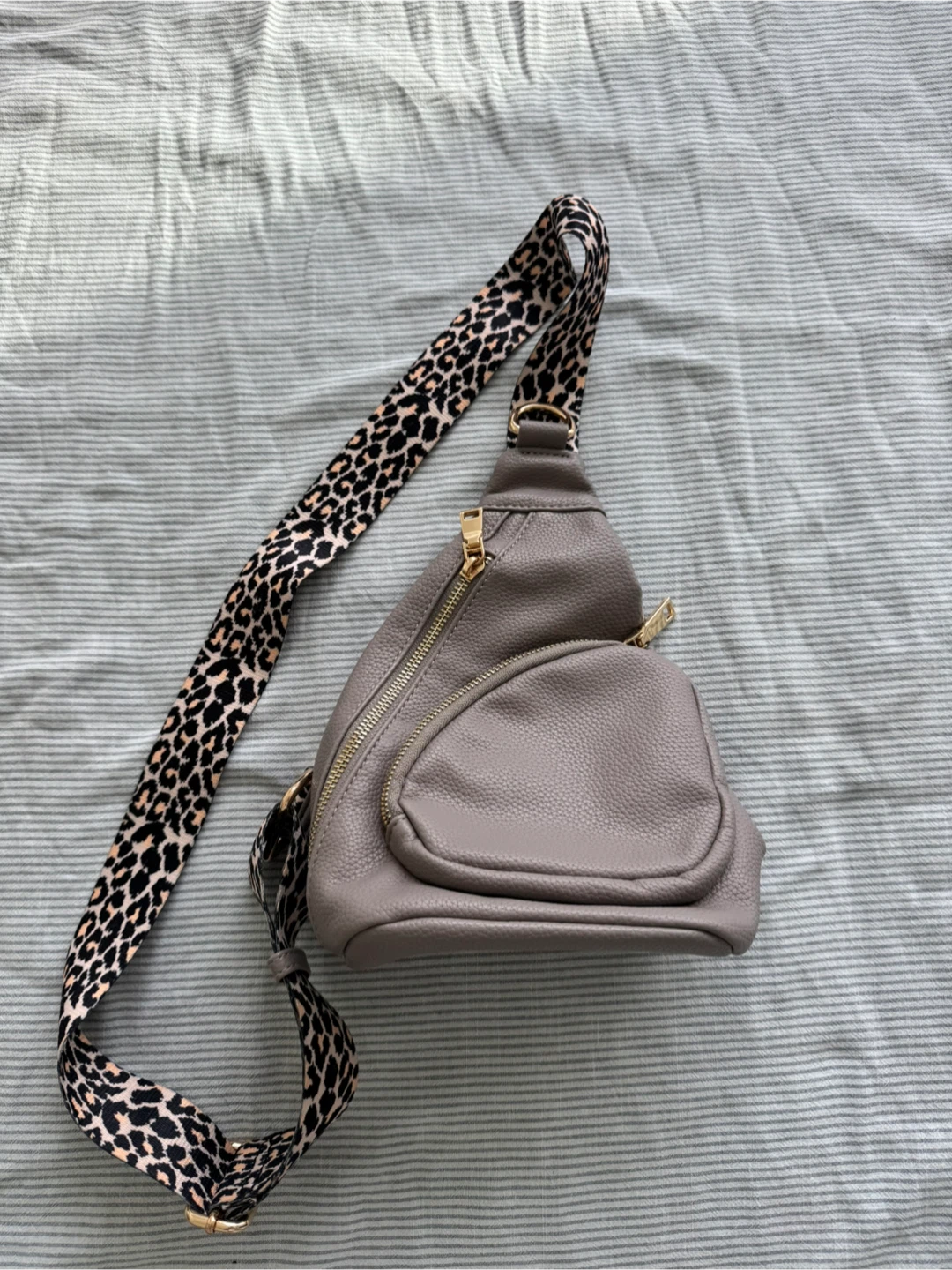 Grey Faux Leather Sling Bag with Leopard Print Strap