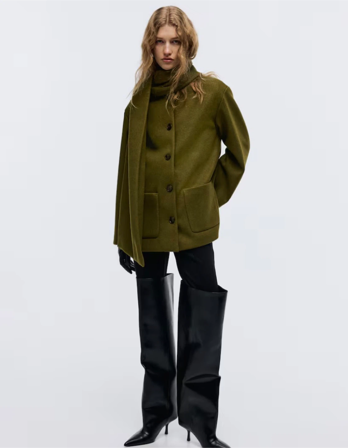 Brand New Olive Green Wool Blend Jacket with Scarf Collar - photo 2