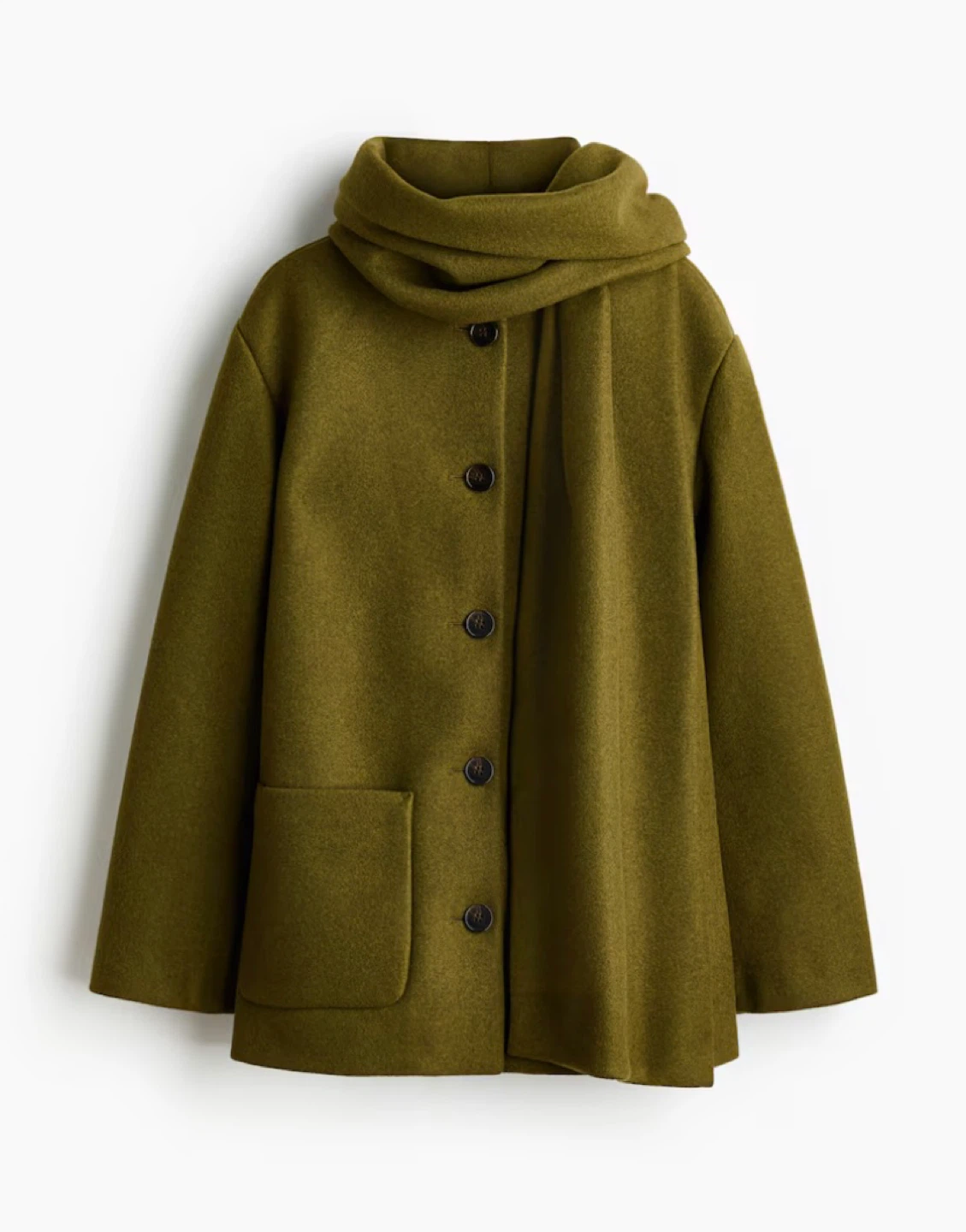 Brand New Olive Green Wool Blend Jacket with Scarf Collar