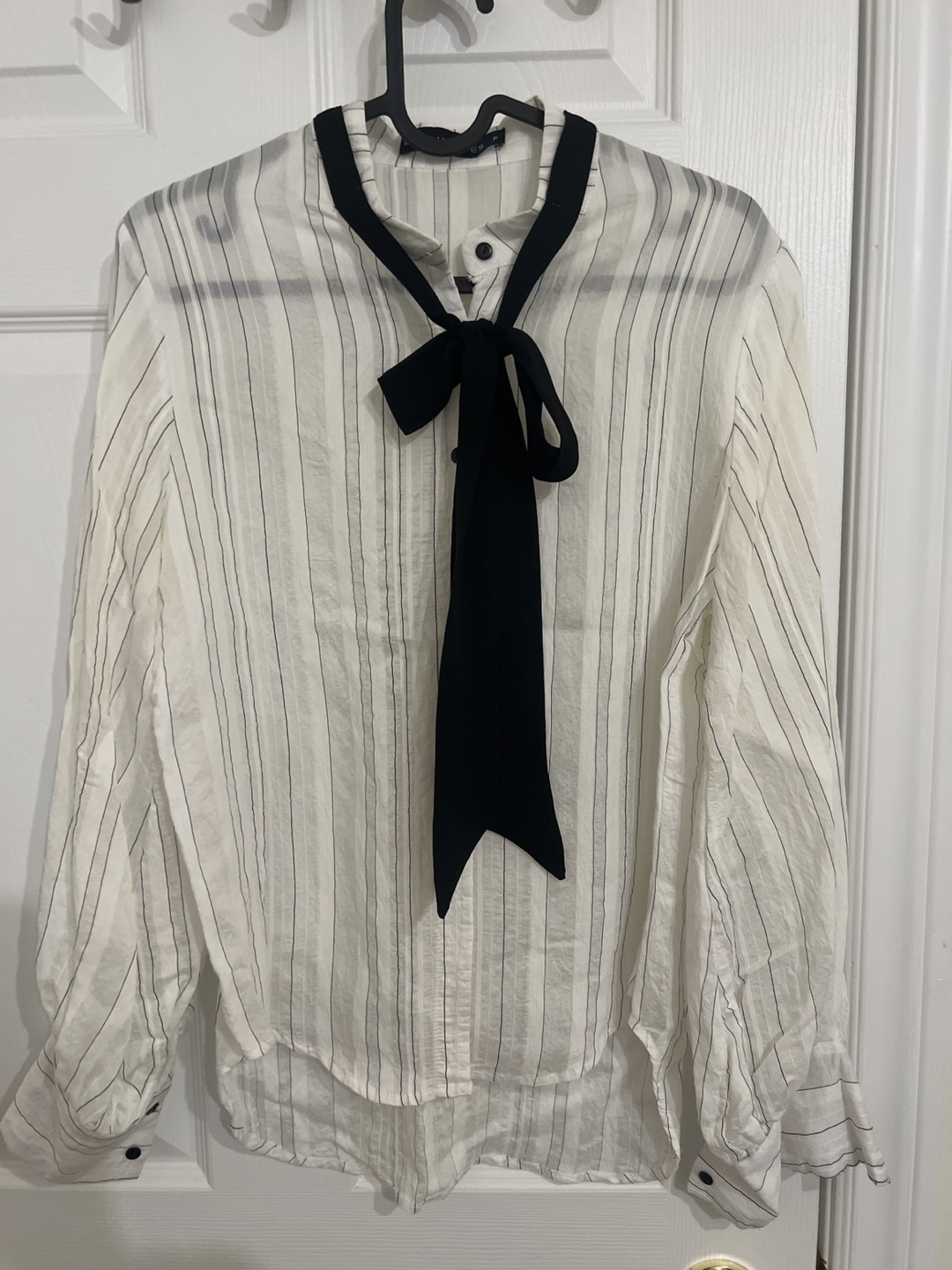 Sheer Striped Blouse with Black Bow