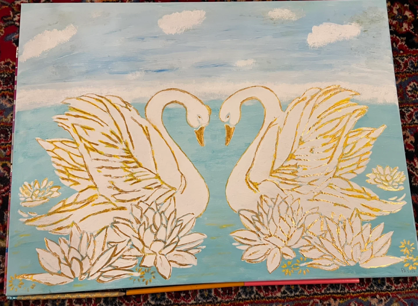 Painting of Two Swans and Water Lilies