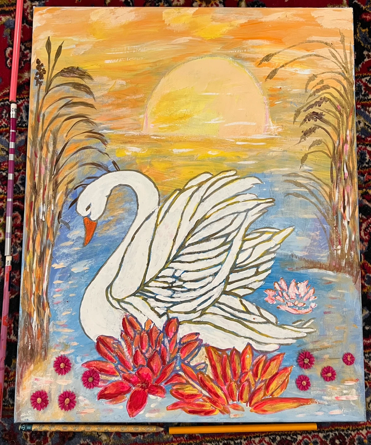 Hand-painted Swan and Sunset Landscape Art