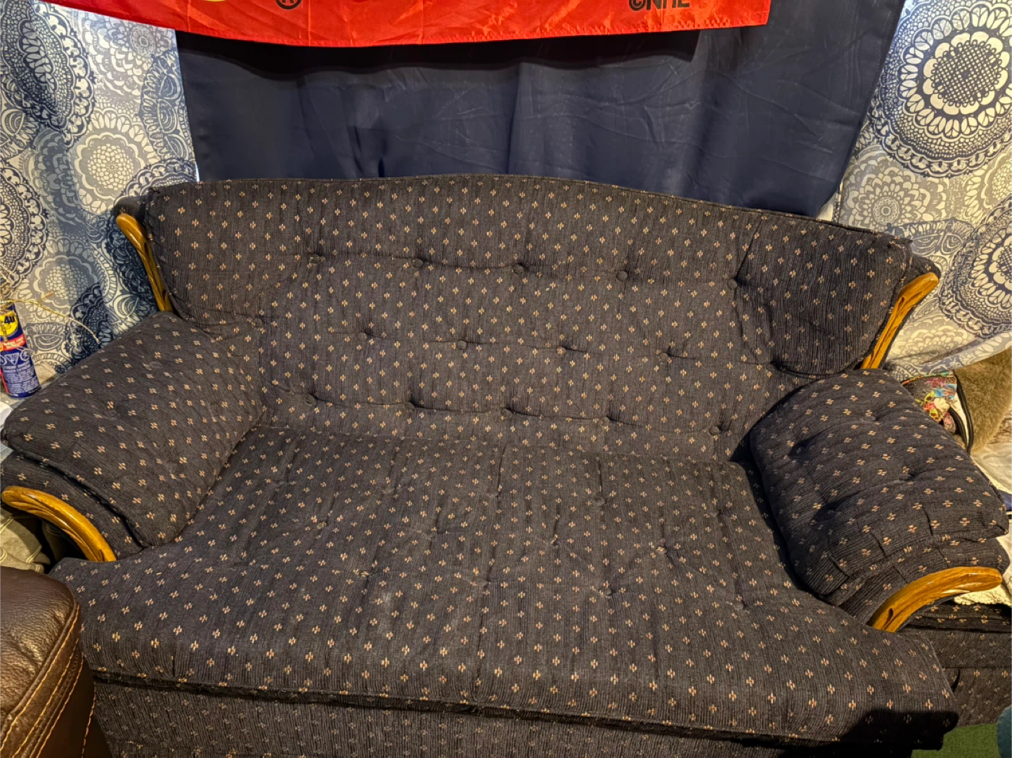 Dark Blue Patterned Loveseat and Armchair Set