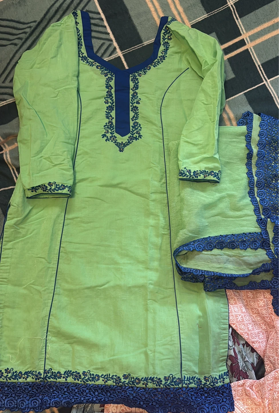 Lime Green Embroidered suit and Dupatta Set
