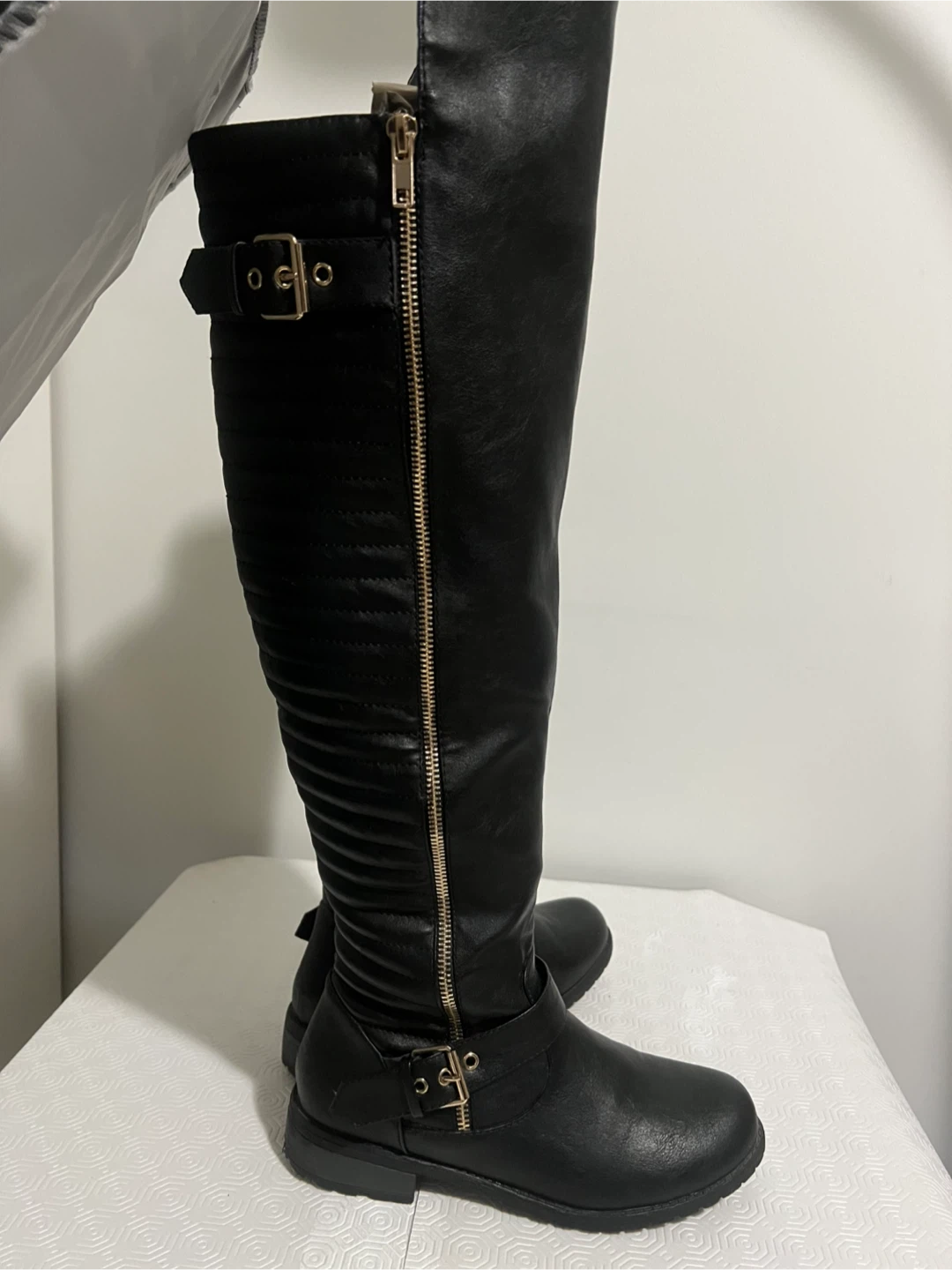 Black Faux Leather Knee-High Boots - photo 2