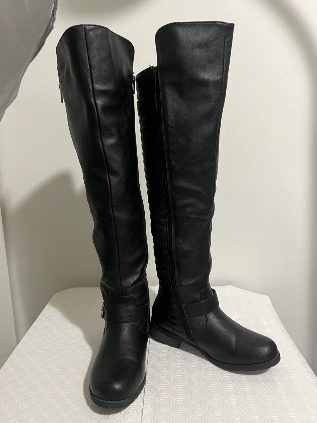 Black Faux Leather Knee-High Boots - photo 4
