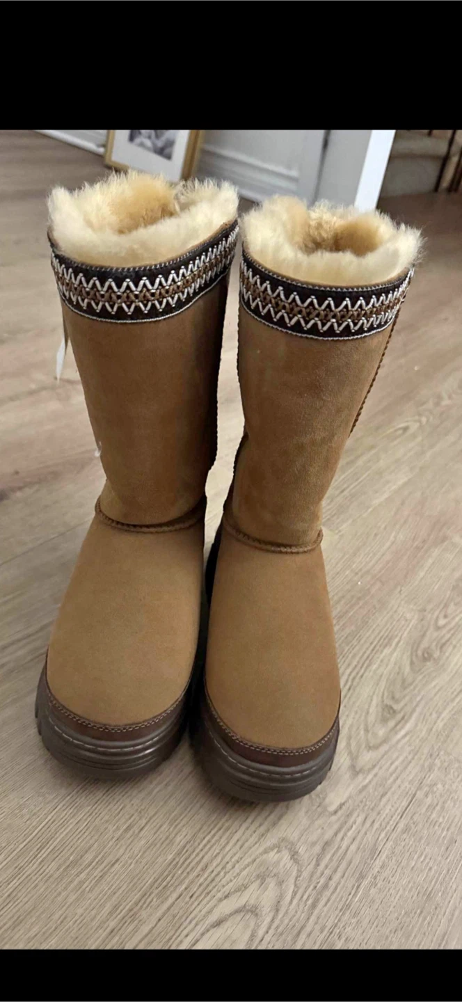 Brown Suede Sheepskin Lined Boots with Decorative Trim