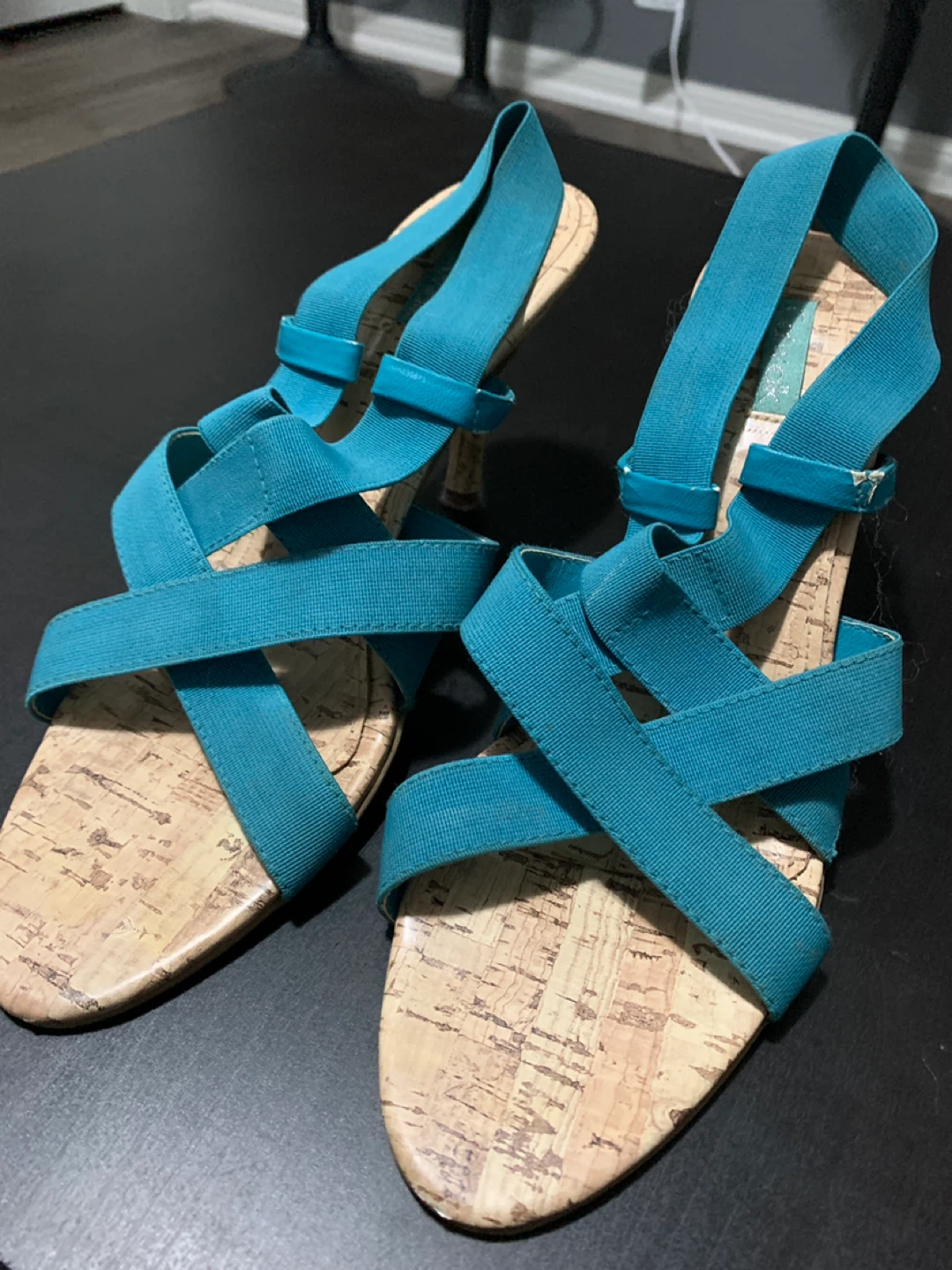 Blue Elastic Strappy Cork Wedge Sandals