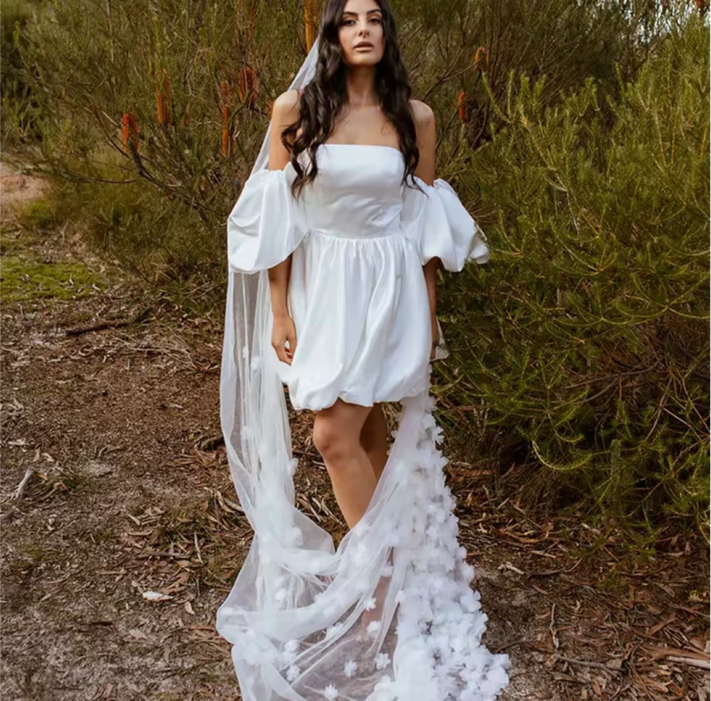 White Bridal Veil with Flower Appliques - photo 2