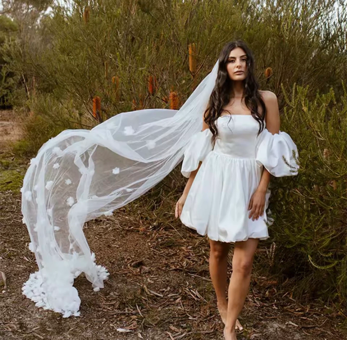 White Bridal Veil with Flower Appliques