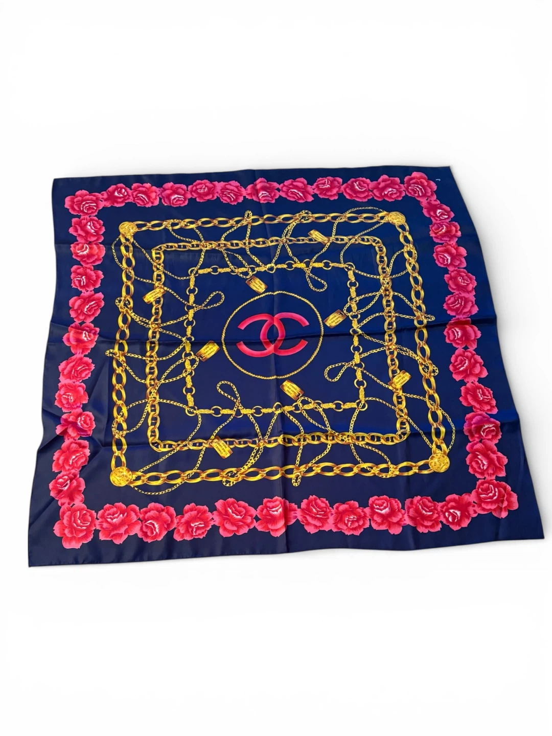 CHANEL Silk Scarf Blue Chain & Roses