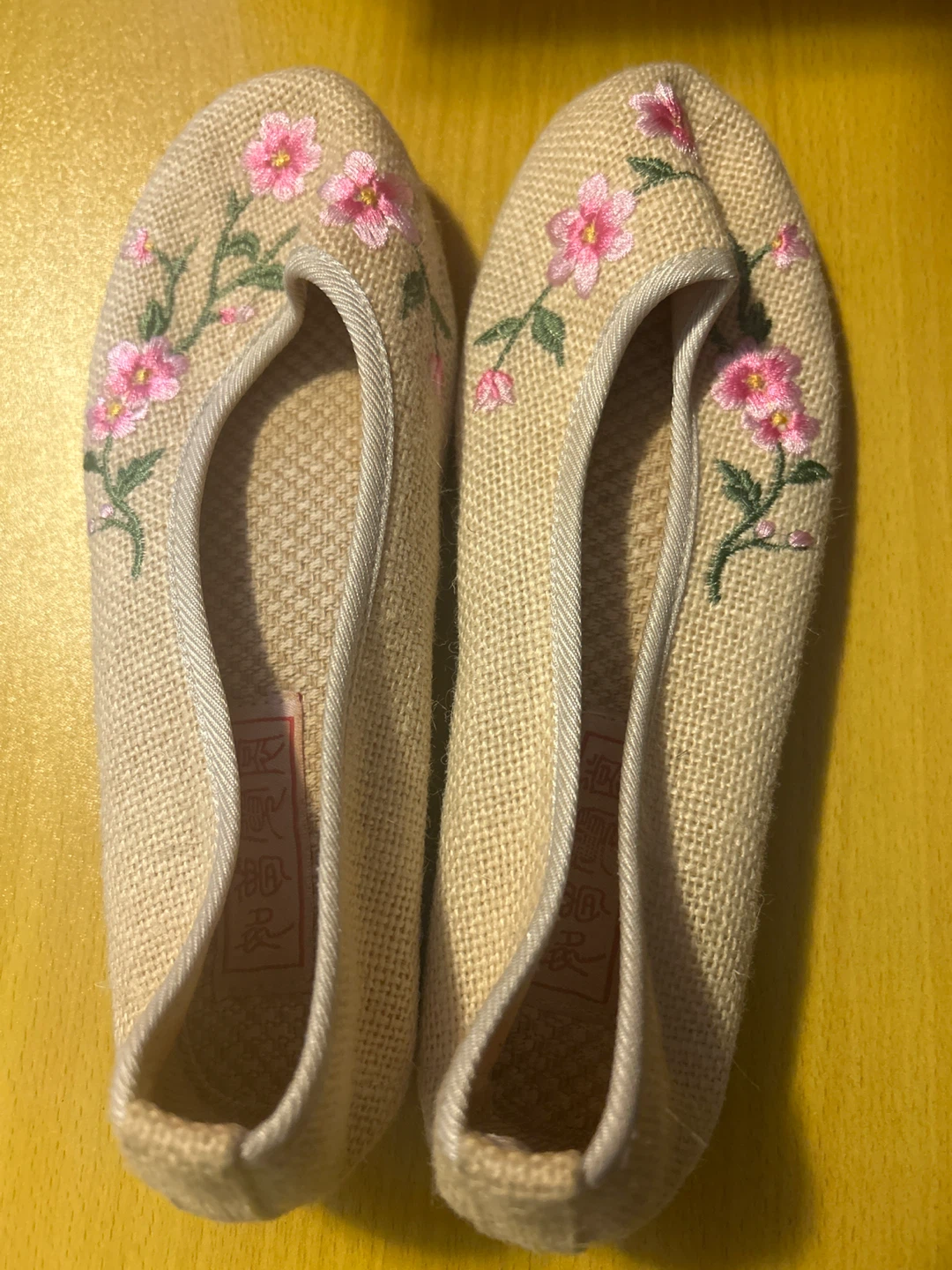 Embroidered Linen Flats - Beige with Pink Flowers