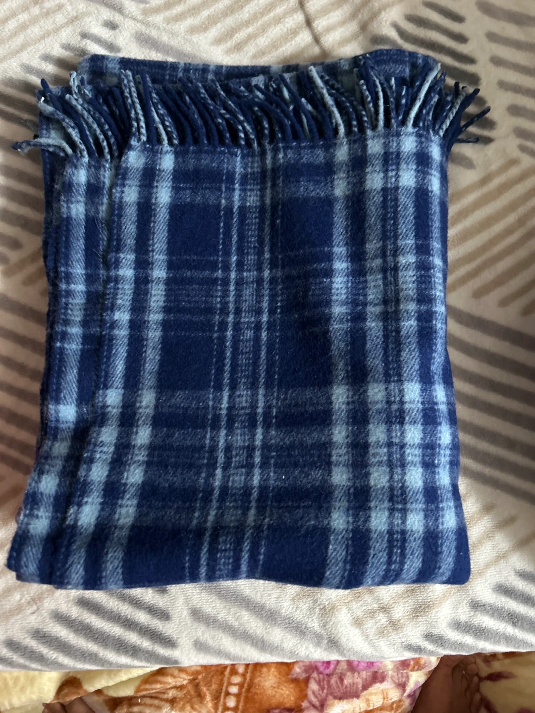 Blue Plaid Fleece Blanket with Fringe