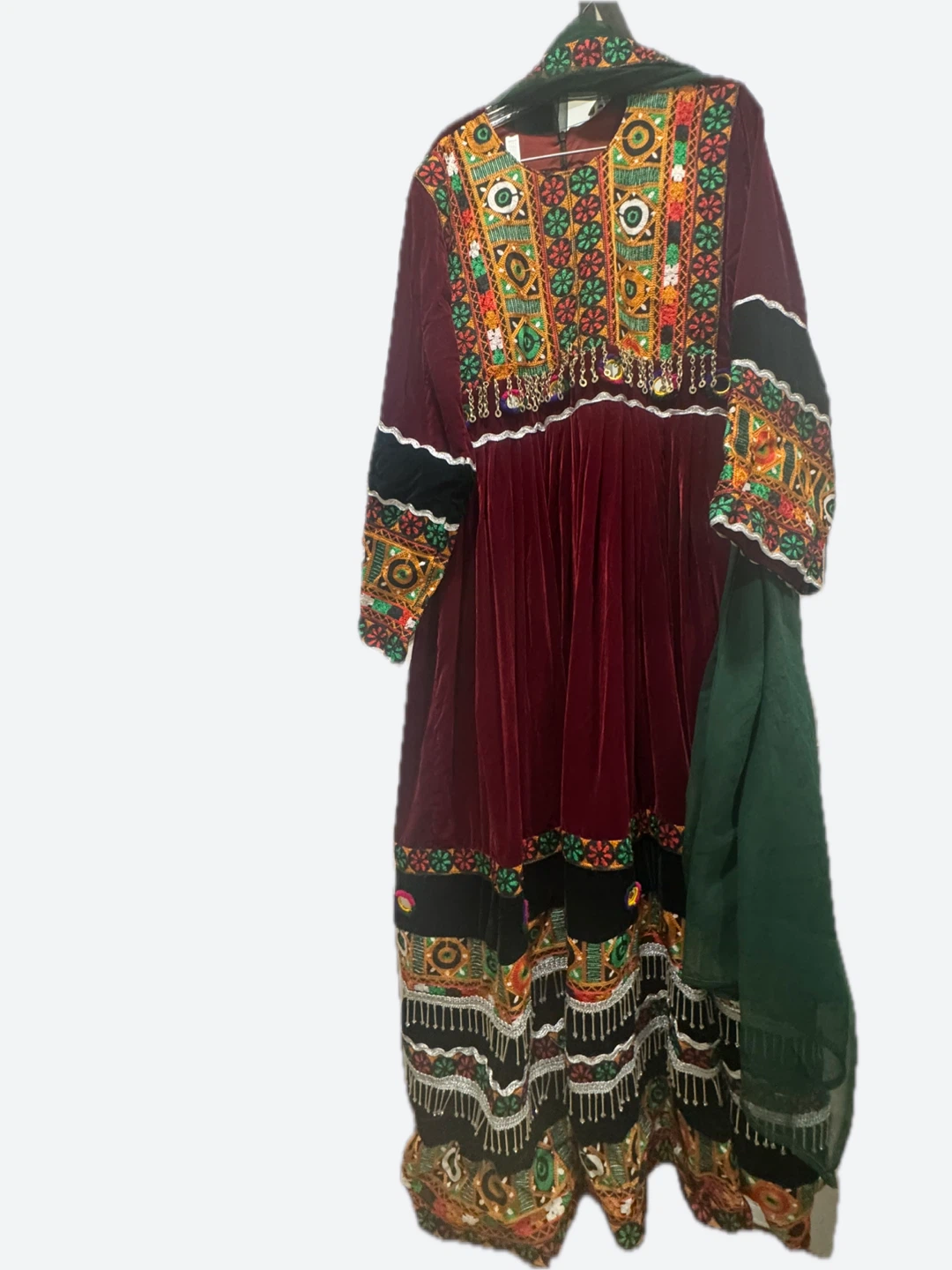 Embroidered Velvet Dress with Scarf