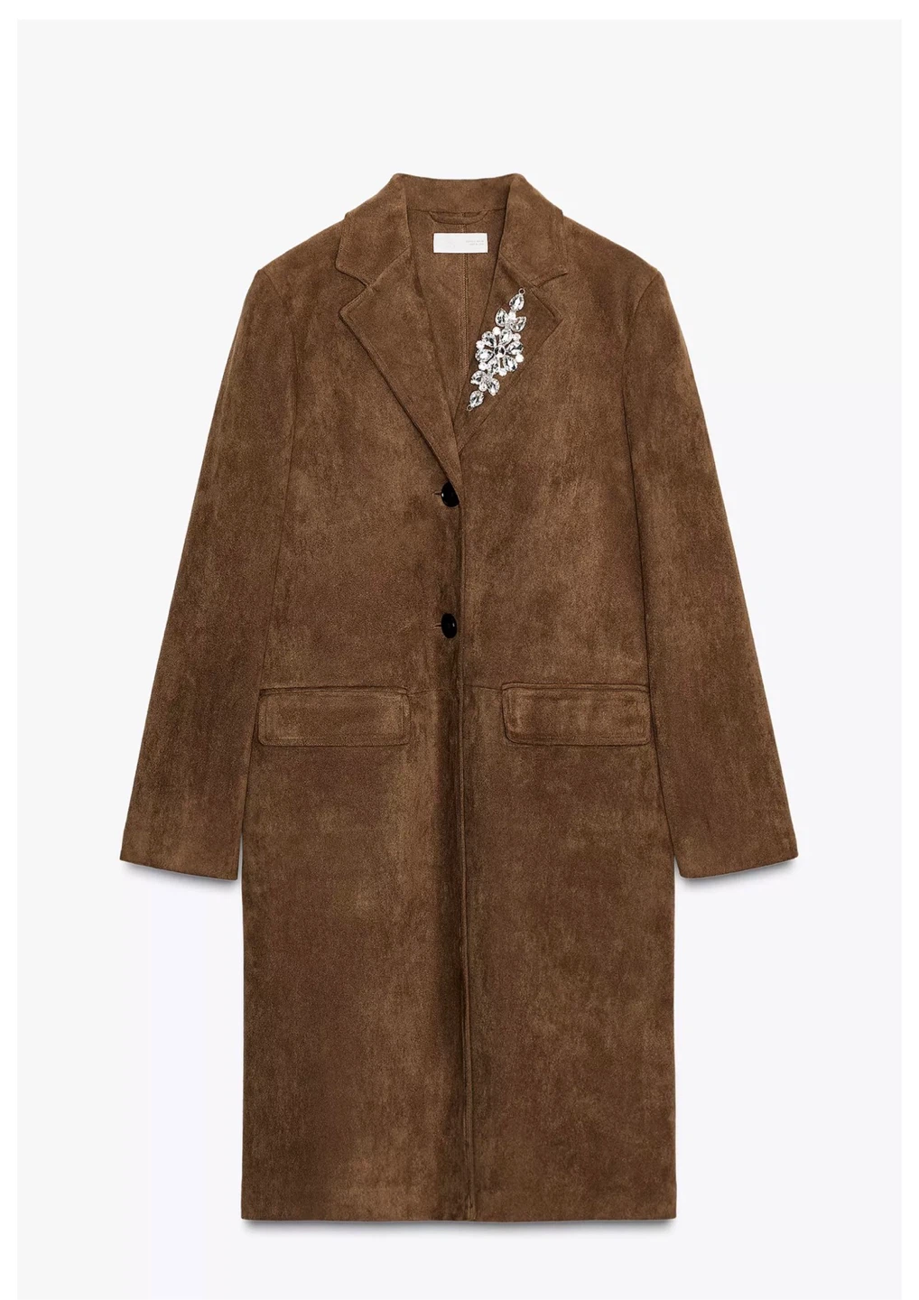 Zara Brown Suede Coat with Brooch Detail