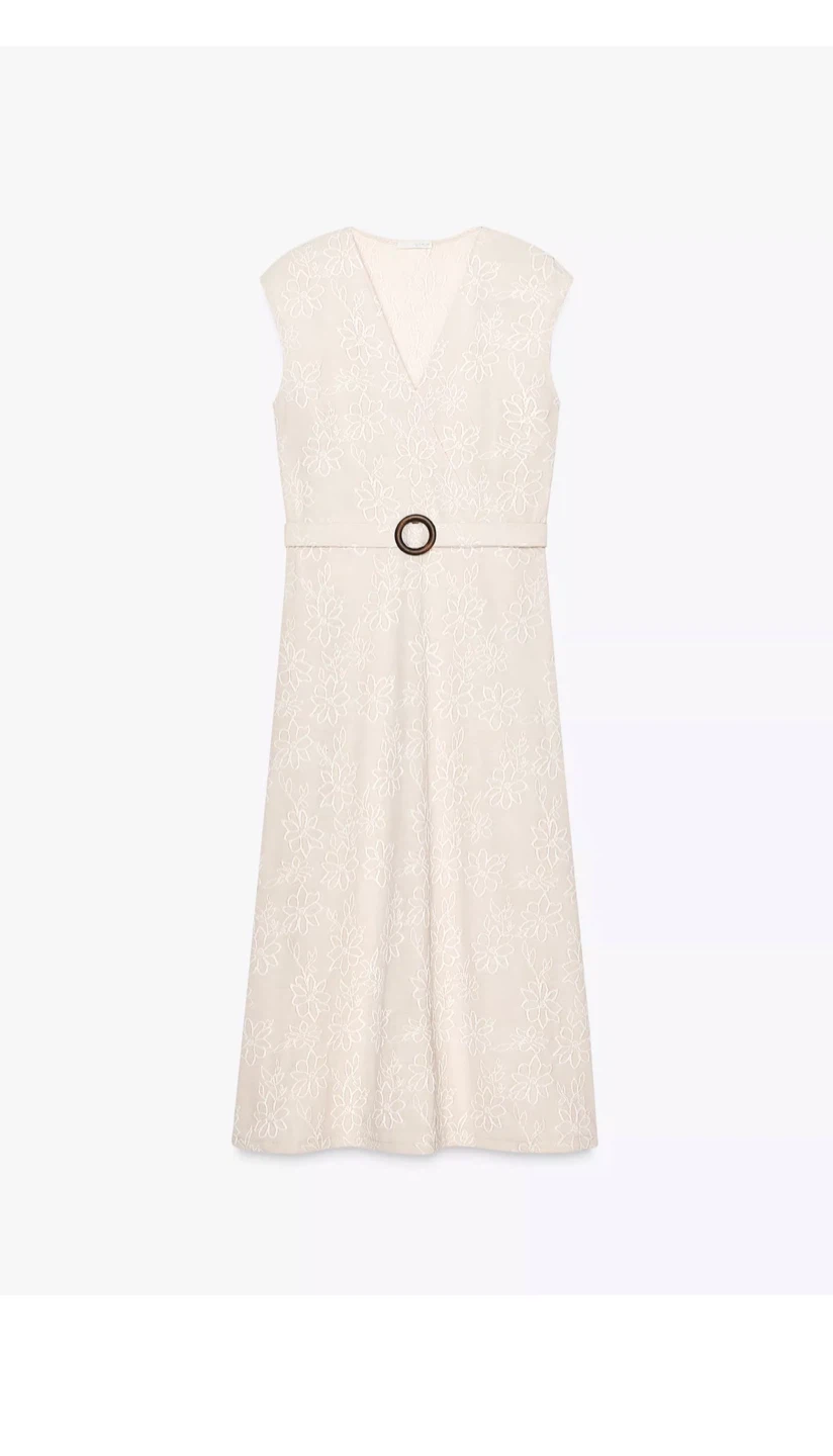 Zara Cream Embroidered V-Neck Midi Dress with Belt