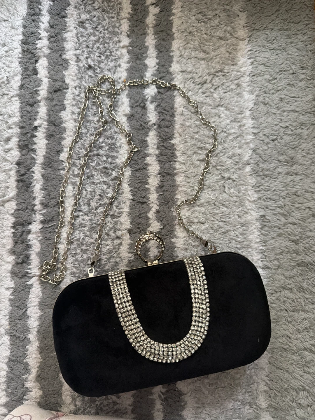 Black Velvet Clutch Purse with Rhinestones and Chain