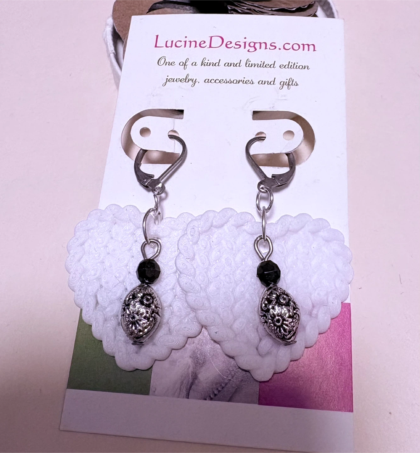 White Heart Dangle Earrings with Black Beads - photo 3