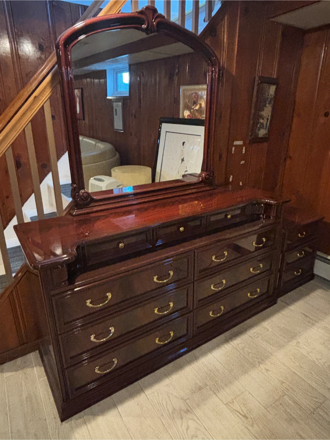 Dark Wood Dresser with Mirror + 2 matching nightstands