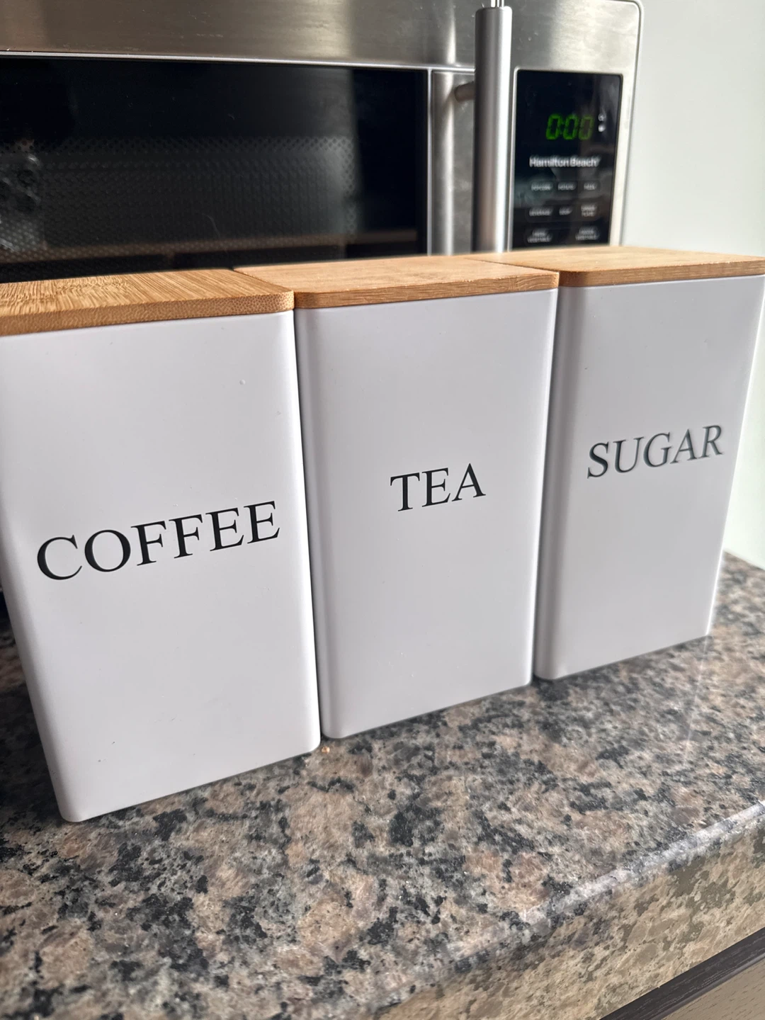 Set of 3 White Canisters (Coffee, Tea, Sugar) with Bamboo Lids