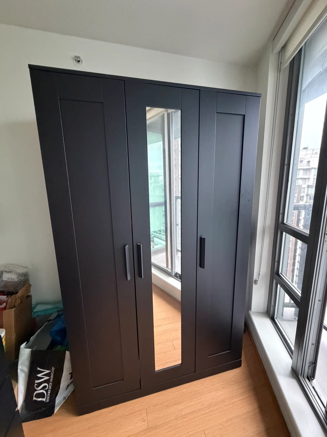 Black 3-Door Wardrobe with Mirror