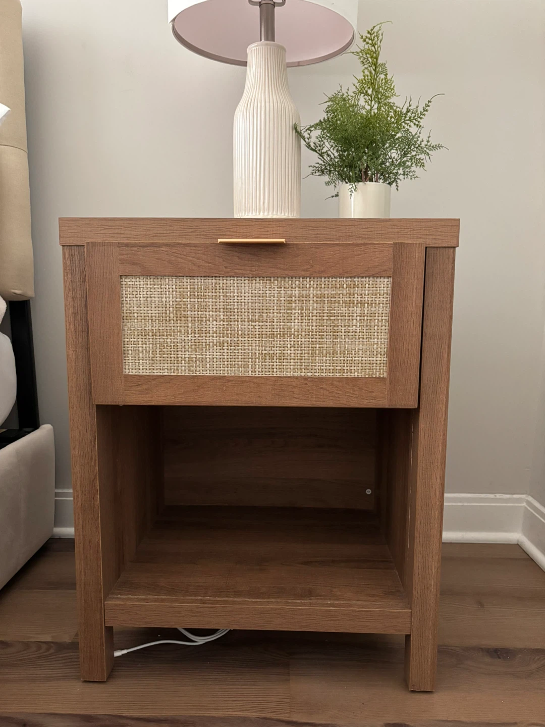 Wood Nightstand with Cane Drawer Front