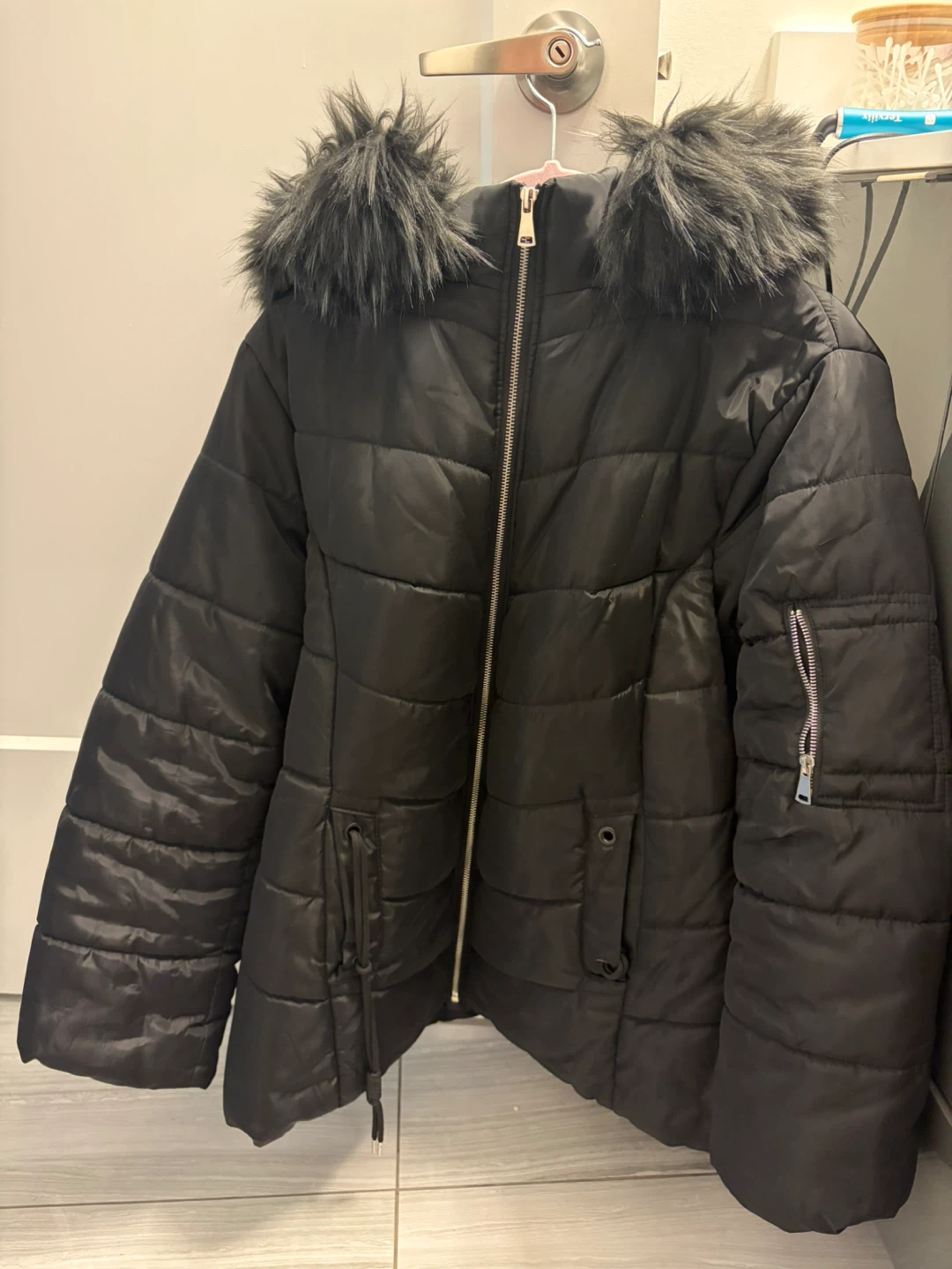 Black Puffer Jacket with Faux Fur Hood
