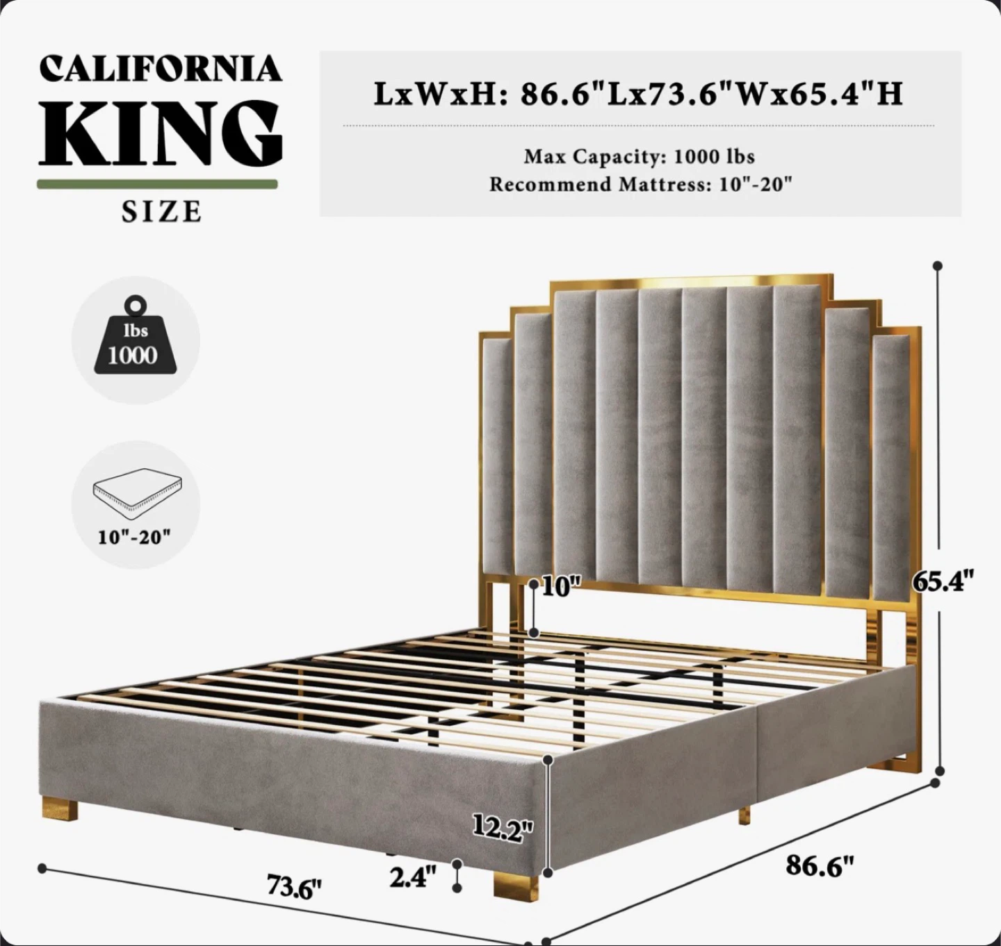 California King Velvet Bed Frame with Gold Accents - photo 5