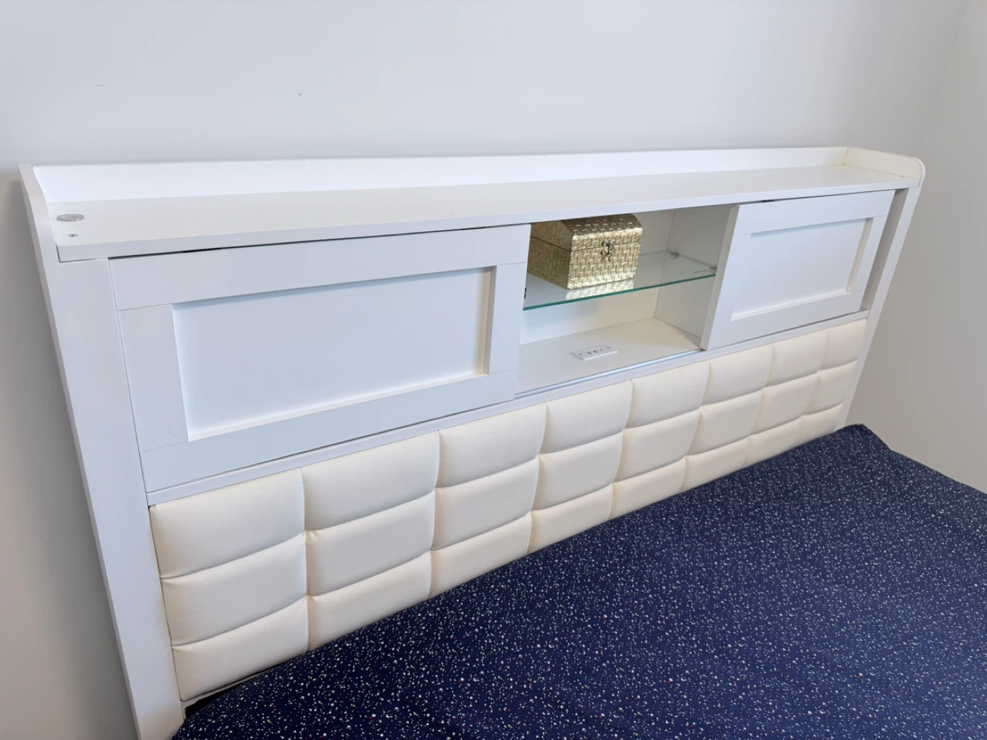 QUEEN White Bed Frame with Storage Headboard