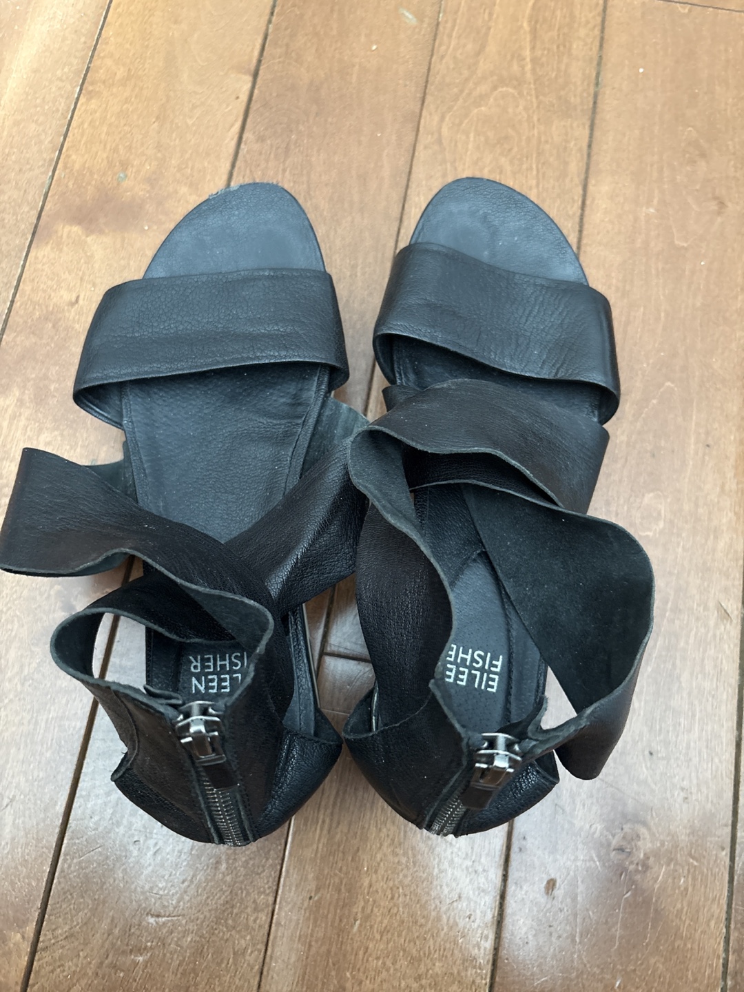 Eileen Fisher Black Leather Zipper Ankle Strap Sandals Size 7