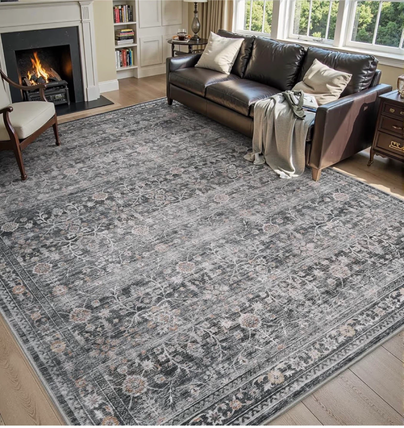 8' x 10' Dark Grey Floral Area Rug