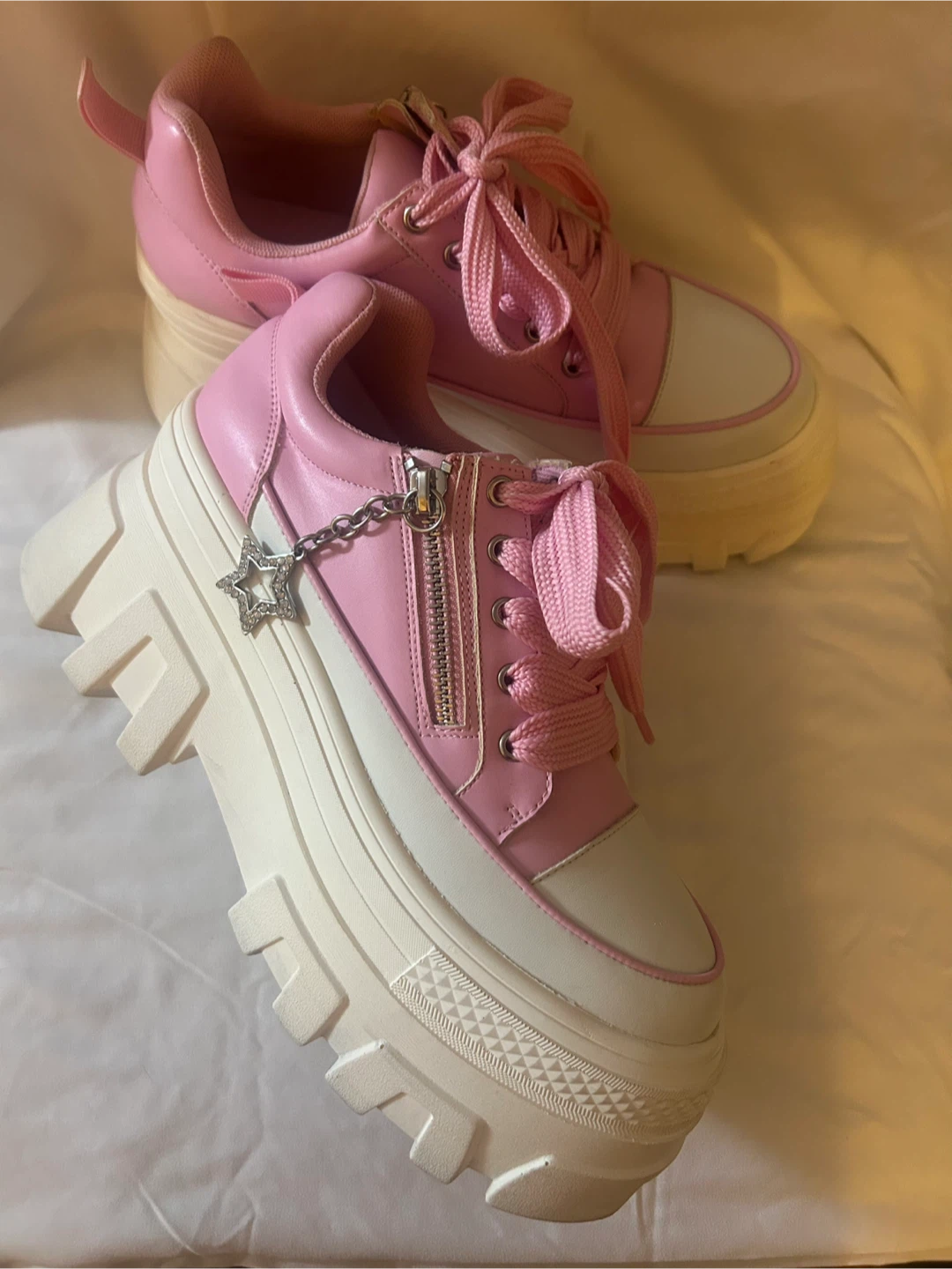 Pink and White Platform Chunky Sneakers with Star Charm - photo 3