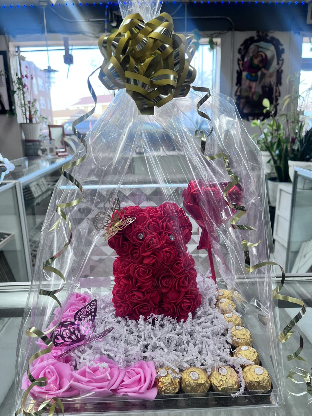 Red Rose Bear Gift Basket with Ferrero Rocher Chocolates